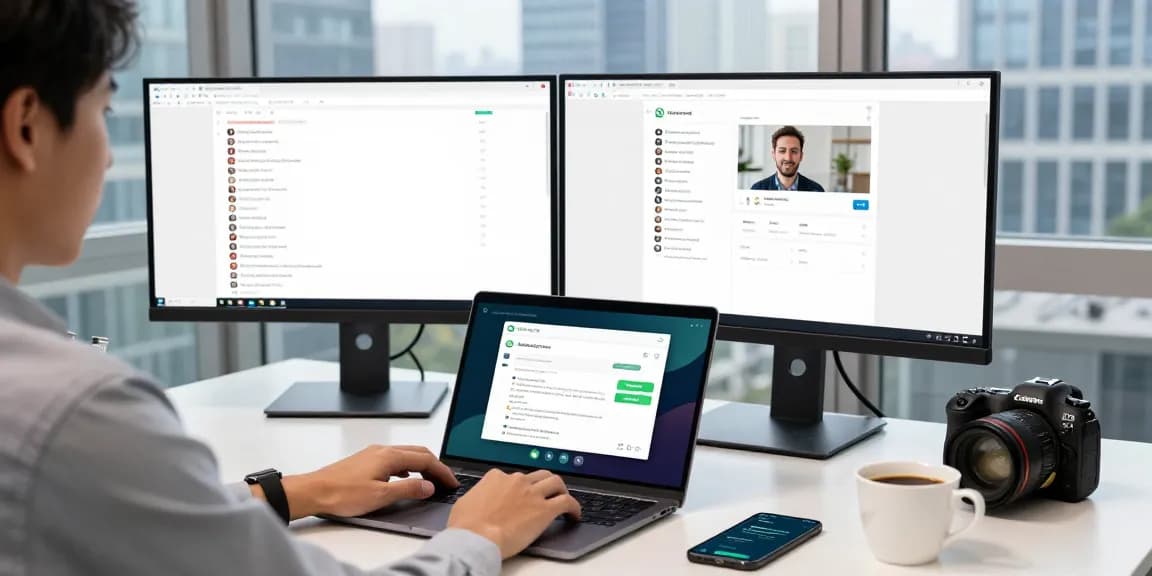 Using WhatsApp電腦版 on a laptop in a modern workspace with dual monitors and a city view.