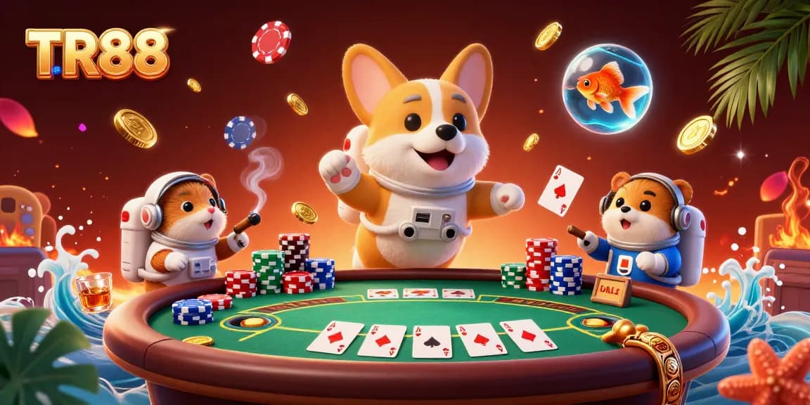 Experience the excitement of TR88 with a vibrant 3D casino scene filled with floating poker chips and characters.