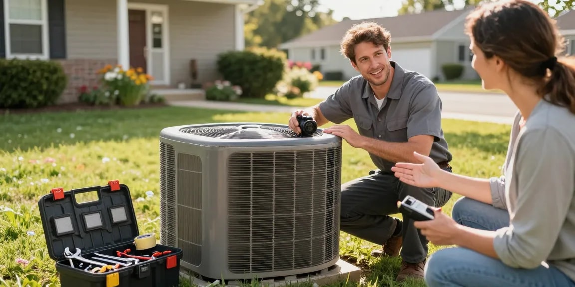 HVAC Stevens Point WI technician inspecting a residential unit with homeowner, showcasing local services.