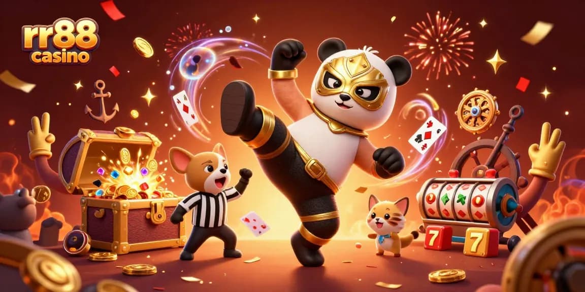 Celebrate wins at rr88 casino with vibrant characters, gold coins, and exciting gameplay elements.