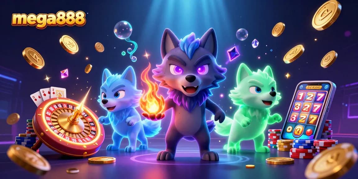 Experience mega888 excitement with vibrant 3D gambling characters and sparkling casino elements.
