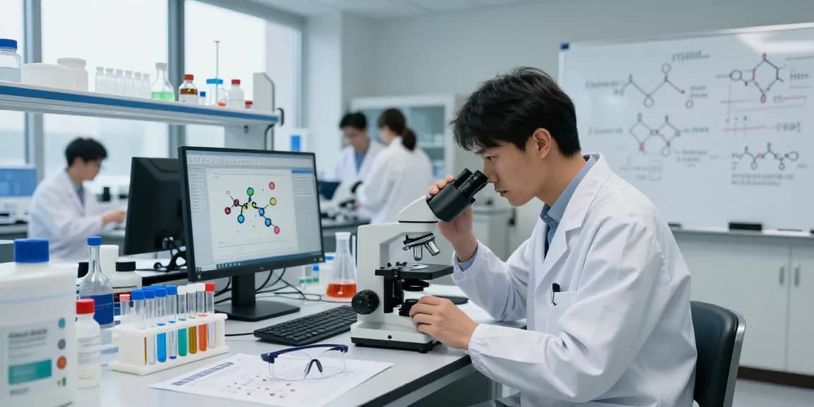 Scientist in research peptide marketplace analyzing samples with microscope in a modern lab.