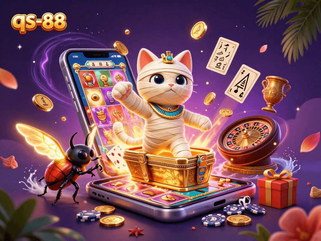 Experience qs-88 excitement with a playful mummy cat, scarab, and vibrant casino elements.