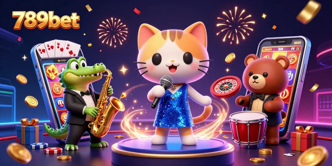 Engage with the vibrant world of 789bet, where a jazz-singing cat and friends entertain under casino lights.