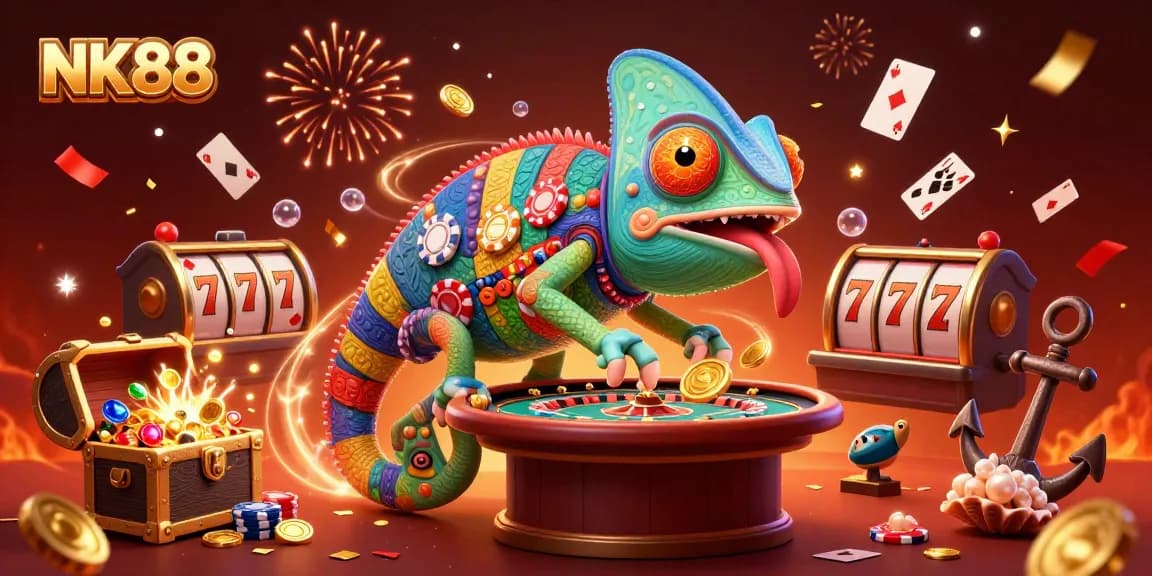 Engage in thrilling gameplay at NK88, where vibrant chameleon casino owner operates exciting slot games.