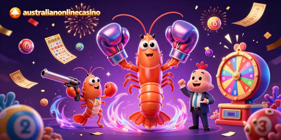 Experience a vibrant scene at australianonlinecasino with colorful lottery elements and dynamic shrimp characters.