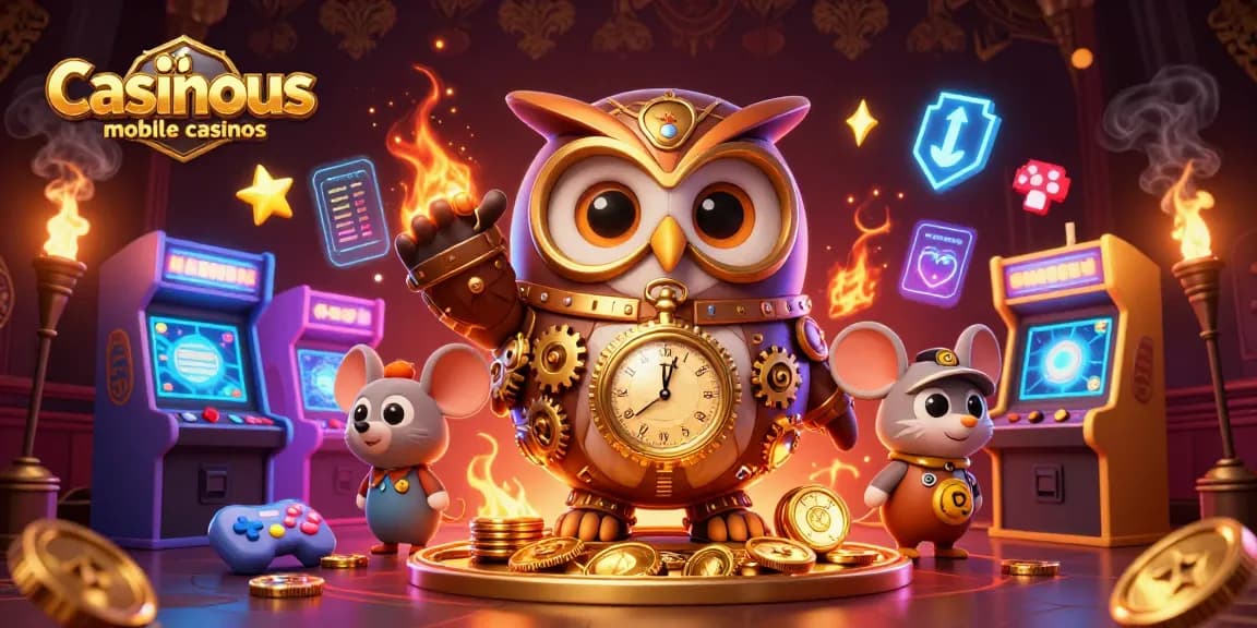 Experience the excitement of casinous mobile casinos with a whimsical 3D illustration of an owl and mouse in a vibrant casino scene.