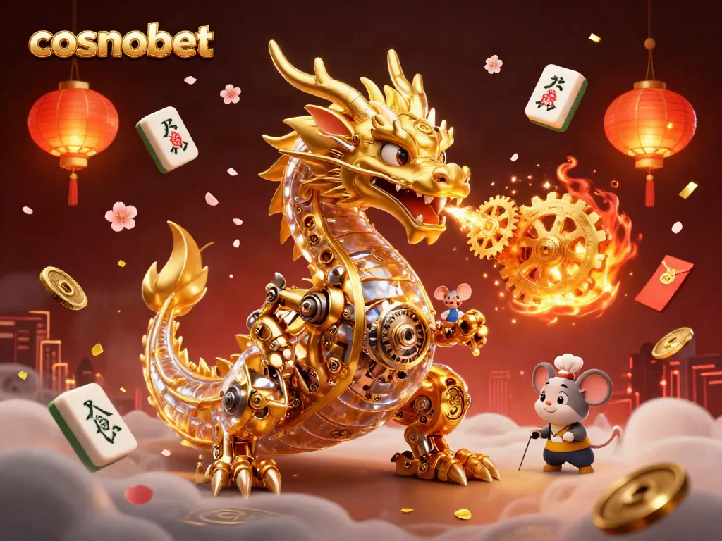 Engage with cosmobet's golden dragon and fiery gears amidst festive casino elements.