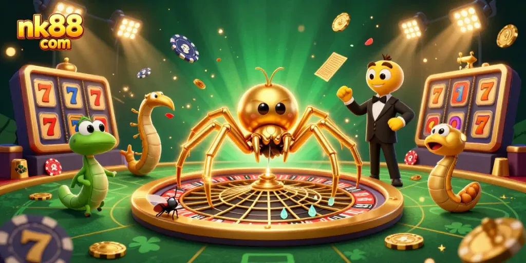 Bet on nk88 com while a golden spider spins a roulette wheel and a fly places bets.