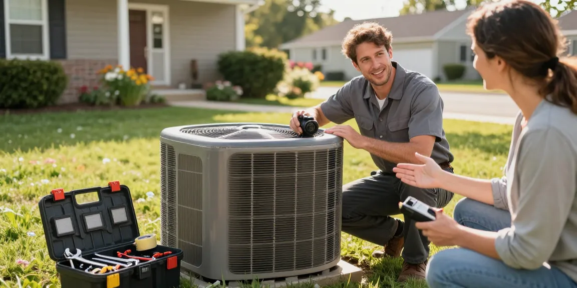 HVAC Stevens Point WI technician inspecting a residential unit with homeowner, showcasing local services.