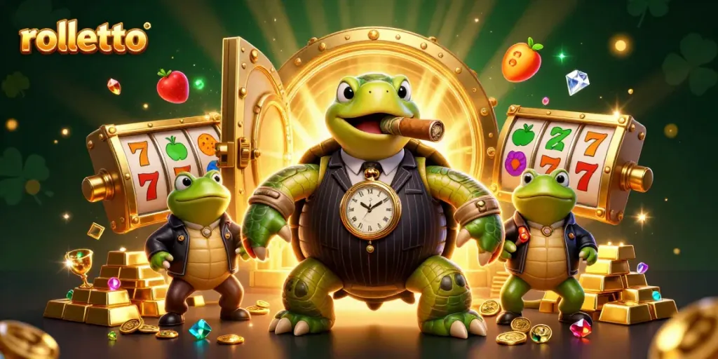 Engage with rolletto's vibrant casino world, featuring colorful slots and characters amid sparkling riches.