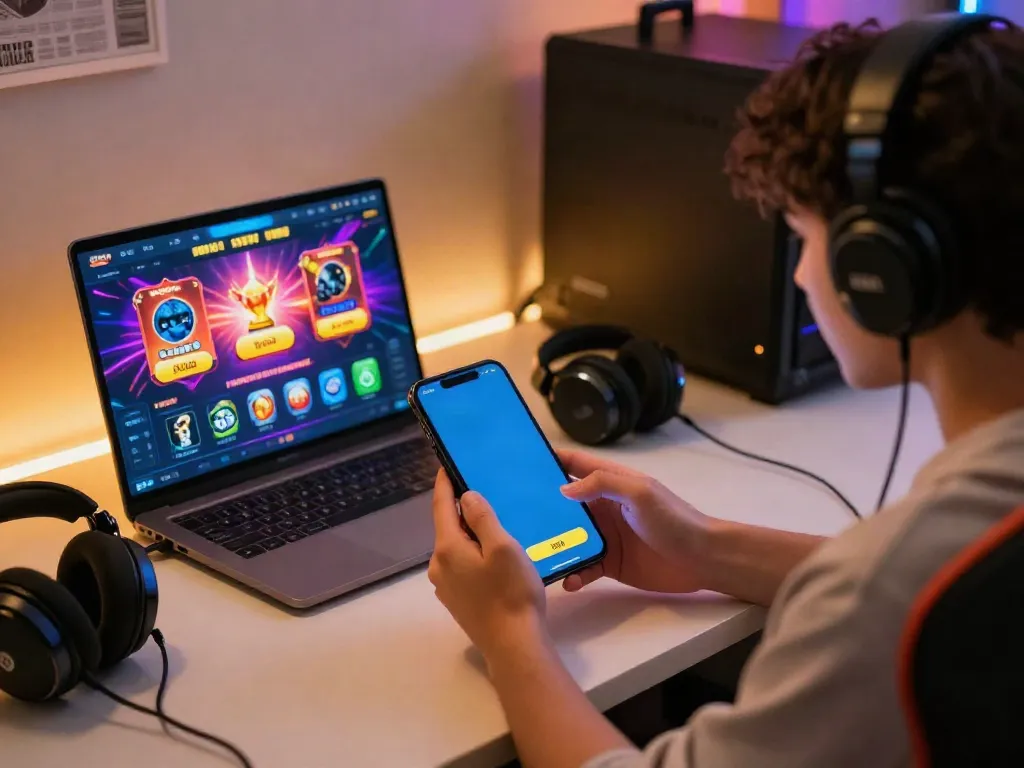 Engaged user on http://11bet-app.net/ mobile app in a vibrant gaming setup.