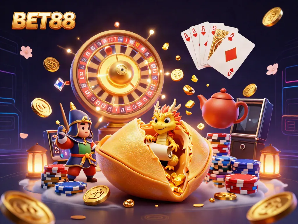 Experience winning excitement at BET88 with a dazzling casino scene featuring characters and iconic gaming elements.