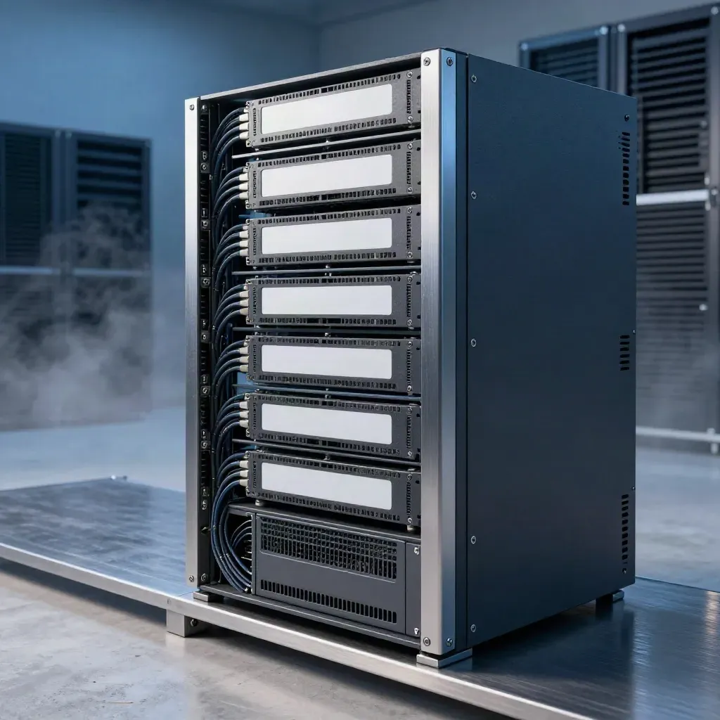 Matte server hardware stacked in cool mist on steel, seen from a low dramatic angle.