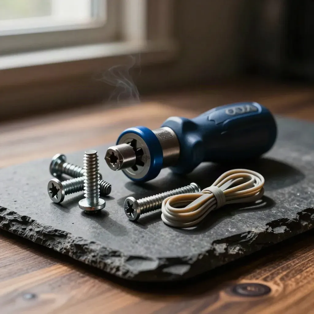 Torque driver, rack screws and cable ties on dark stone in a dramatic still life
