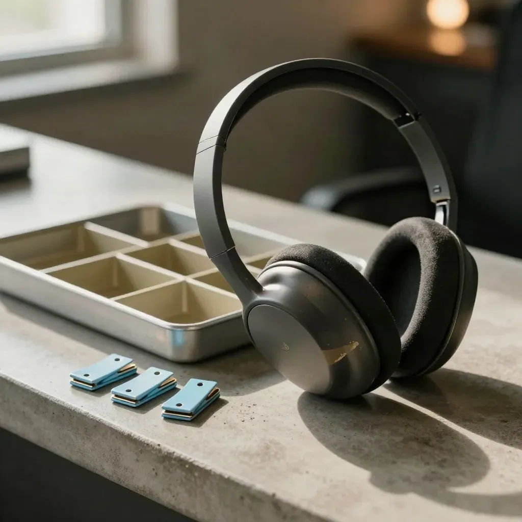 Close-up of headset cradle, ticket tray and routing clips on concrete with soft bokeh