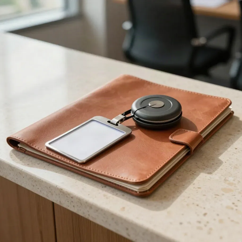 Top-down onboarding still life with folder, badge reel and lanyards on travertine.