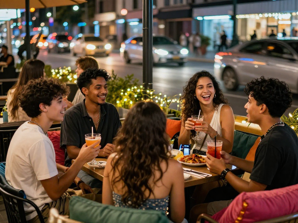 Friends enjoying spicy chat at a lively café with neon lights.
