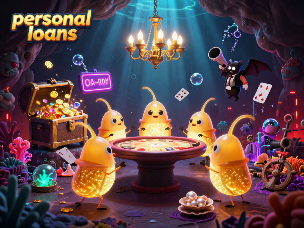 Engage in exciting personal loans opportunities with a vibrant casino scene featuring 3D cartoon characters.