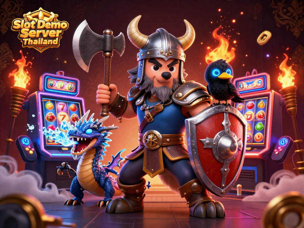 Experience gaming thrill with Slot Demo Server Thailand featuring a wolf warrior, dragon, and dynamic slot elements.