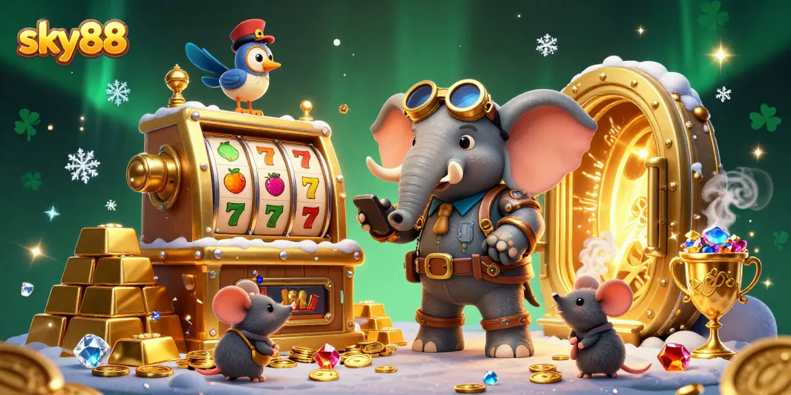 Play slots and win at sky88 with a vibrant casino scene full of golden treasures and excitement.