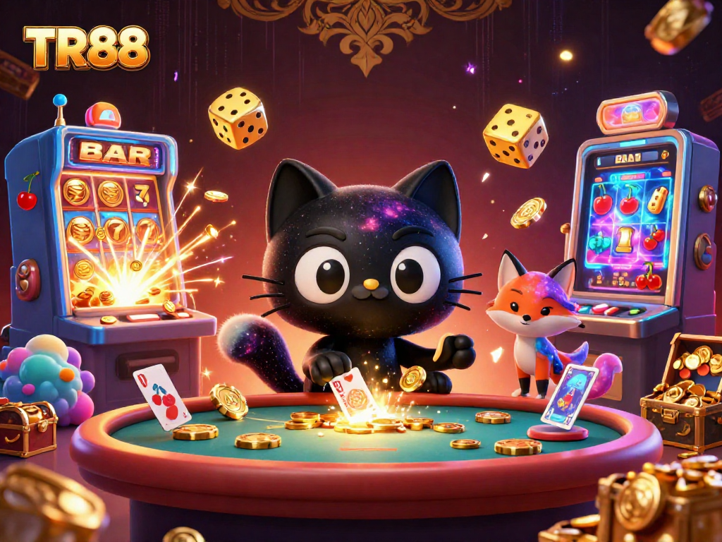 Experience the thrill of winning at TR88's cosmic casino with vibrant slots and energetic characters.