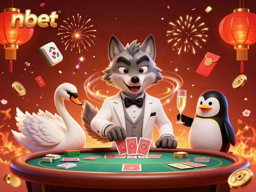 Experience the excitement of nbet with characters playing baccarat amidst festive decorations and celebratory elements.