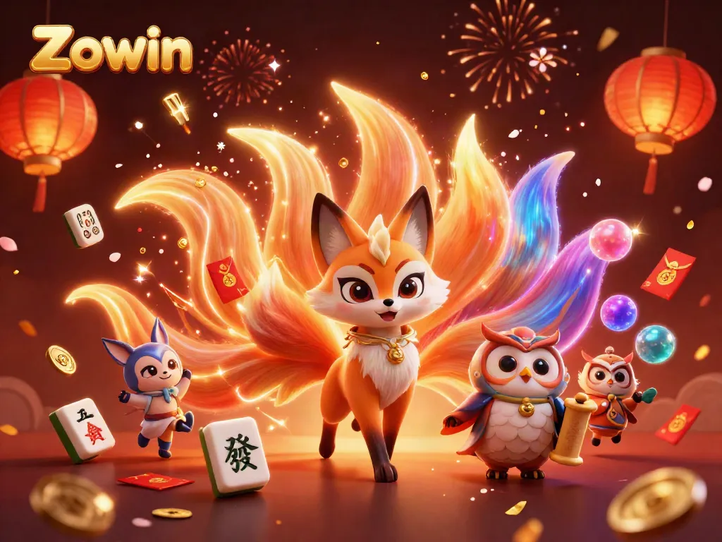 Zowin engages players with vibrant casino themes featuring a nine-tailed fox and wise owl in a dynamic scene.
