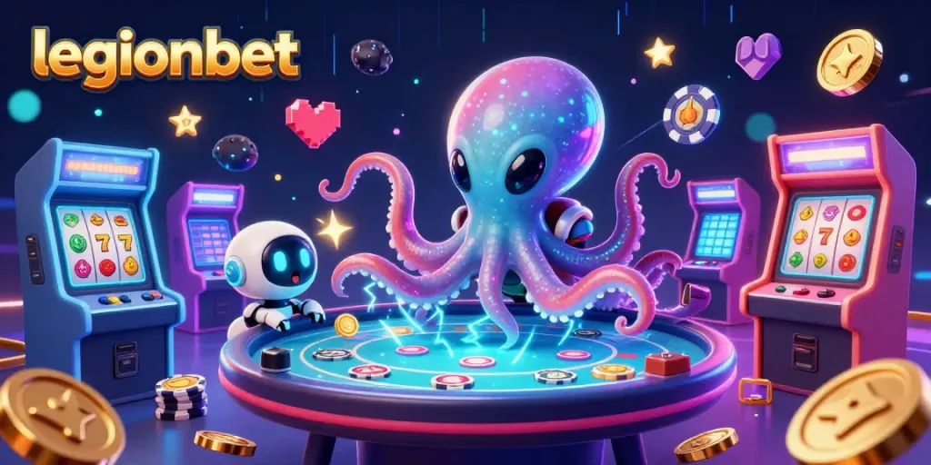 Play exciting games at legionbet with a vibrant 3D alien-themed casino illustration.