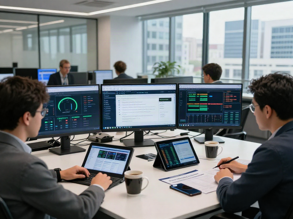 토토사이트 검증 먹튀스팟 team analyzing online gambling security reports in modern office.
