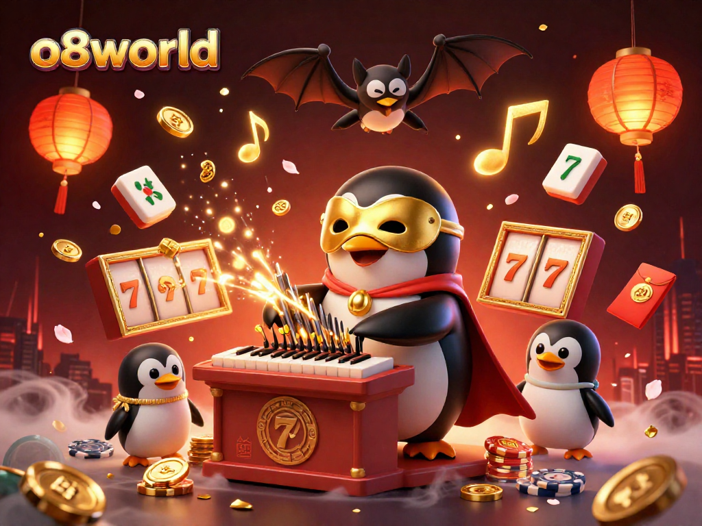 Experience thrilling gameplay at o8world with a magical casino scene featuring a charming penguin and dynamic characters.