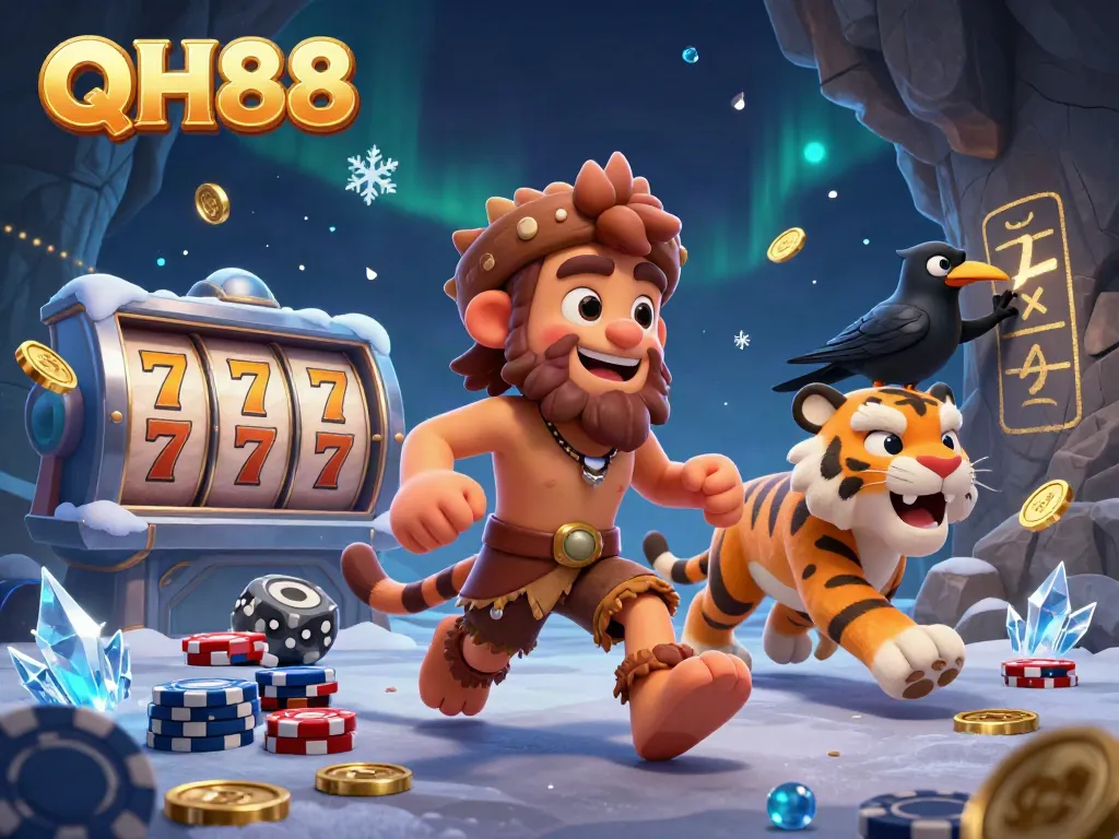 Engage in thrilling games with QH88, where a cartoon caveman and sabertooth tiger oversee a bustling prehistoric casino.
