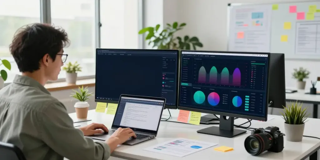 Marketing professional analyzing instant indexing metrics in a modern office.