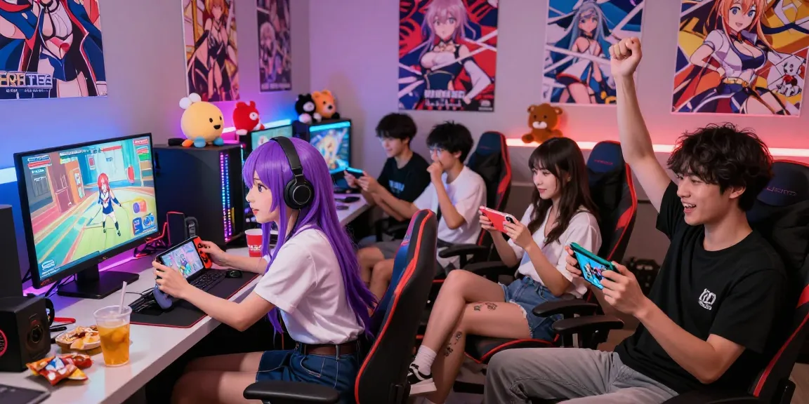 Players enjoying various hentai games in a vibrant gaming lounge filled with anime decor.