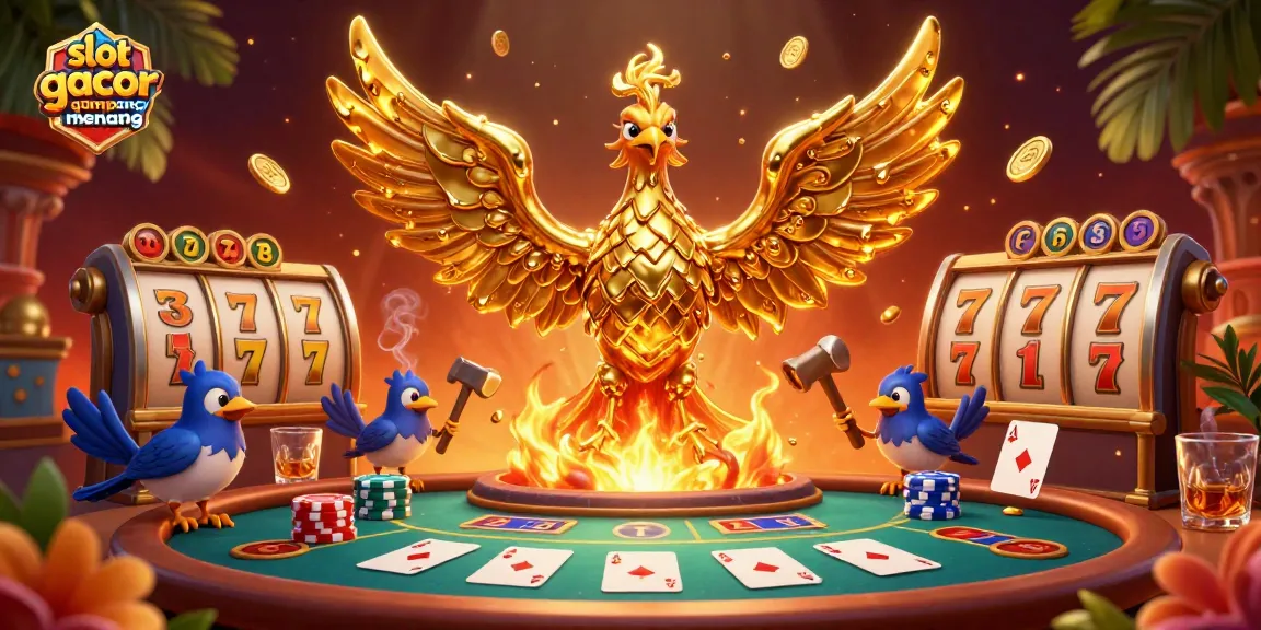 Experience slot gacor gampang menang with a golden phoenix and poker elements in this dynamic casino illustration.