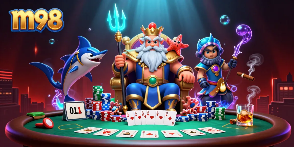 Experience the thrilling m98 poker scene with Neptune surrounded by glowing chips and cards.