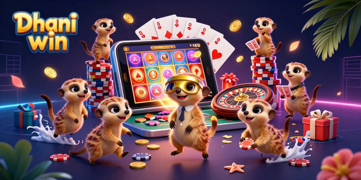 Dhani win game scene with meerkats managing a casino, colorful slot, and poker elements
