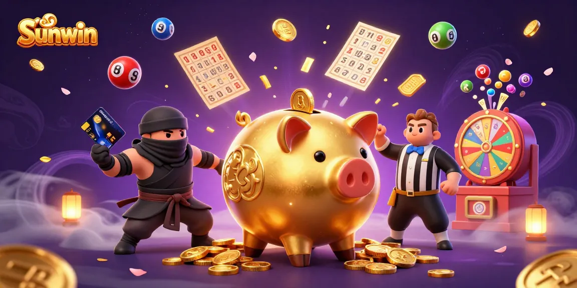 Engage with Sunwin's vibrant online casino action, featuring a sumo wrestler shaking coins, surrounded by colorful lottery elements.