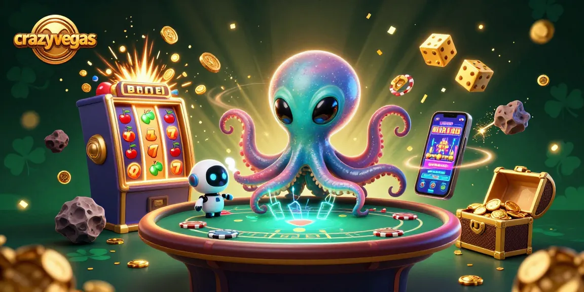 Experience the excitement of crazyvegas with a dazzling alien octopus operating a holographic poker table amidst vibrant casino elements.