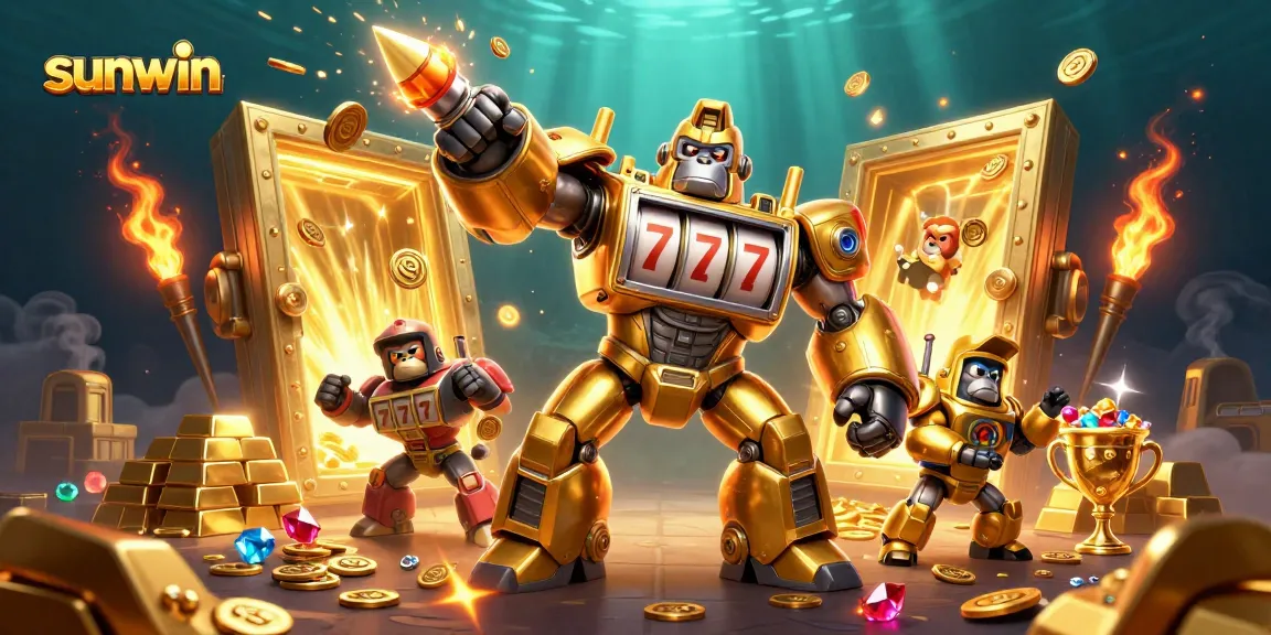 Experience the excitement of sunwin with a golden gorilla mech and treasures exploding in a vibrant casino scene.
