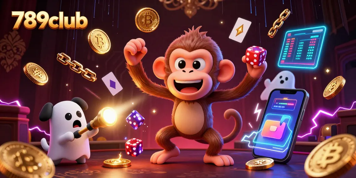 Experience the magic of 789club with a playful poltergeist monkey and ghost-hunter puppy in a haunted casino scene filled with crypto elements.